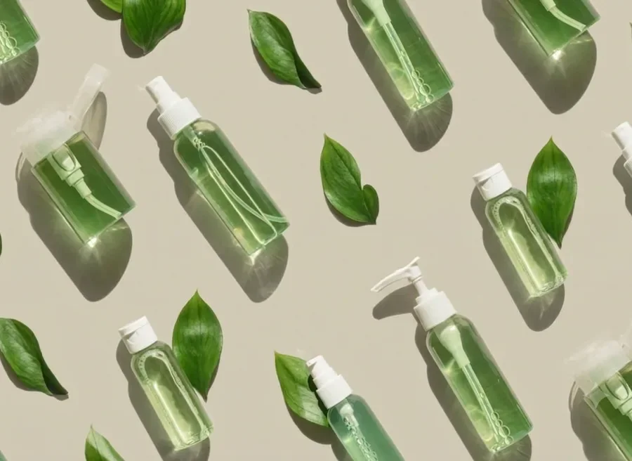 Rows of green plastic bottles standing in formation on a beige background with fresh leaves tucked among them, a reminder that recycled HDPE containers can start a second life as reusable packaging